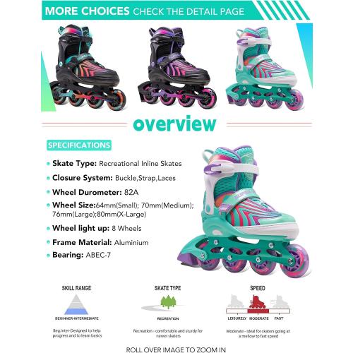 Girls Inline Skates for Boys Kids Ages 4-12, Adjustable Light Up Roller Skates for Youth Teens Ages 8-12, Beginner Blades for Women Adults