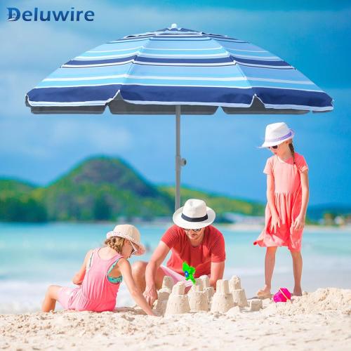 7ft Heavy Duty High Wind Beach Umbrella Parasols with sand anchor & Tilt Sun Shelter, UV 50  Protection Outdoor Sunshade Umbrellas Carry Bag for Patio Garden Pool Backyard Stripe Blue insert completely into the sand