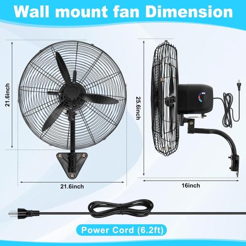 Aurelema 2 Set 22 Inch Wall Mount Fan Oscillating Industrial Heavy Duty Metal 3 Speed Fan, 7500 CFM High Velocity Cooling Powerful Airflow for Commercial Residential Garage Warehouse Workshops Factory