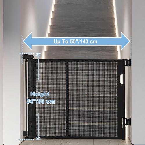 55 inches Retractable Baby Gate, 34 inches Tall Extra Wide Pet Gate for Stairs, Hallways and Doorways, Indoor Outdoor Safety Gate for Toddlers & Small Dogs, Black