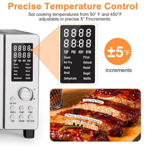 Nuwave Bravo Air Fryer Toaster Smart Oven, 10-in-1 Countertop Convection, 1800 Watts, 21-Qt Capacity, 50°-450°F Temp Controls, Top and Bottom Heater Adjustments 0%-100%, PFAS Free, Stainless Steel
