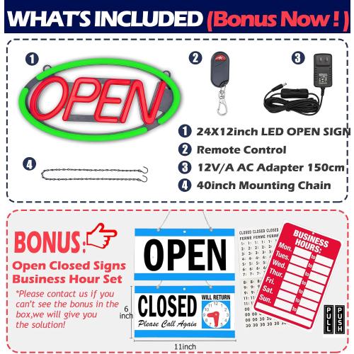 LED Open Sign,Bright Open Sign for Business Window with Remote Control,24x12 inch Large Size,Restaurant,Bar,Retail Shops,Window Storefronts,Salon,12V/2A Power Supply (Green-Red)