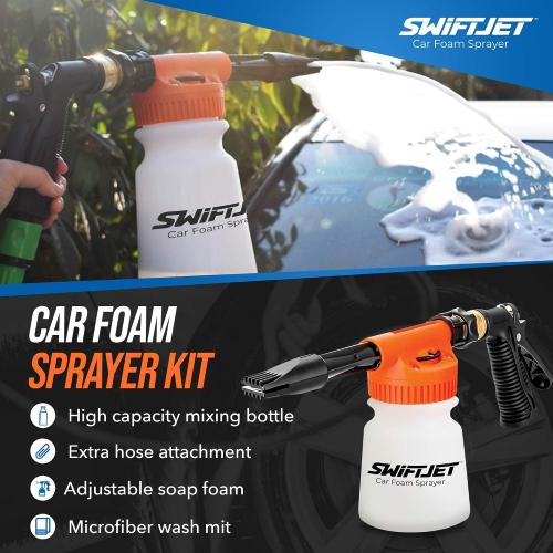 SwiftJet Car Wash Foam Gun   Microfiber Wash Mitt - Foam Cannon Works with Any Soap - Garden Hose Car Foam Sprayer - Car Wash Kit - Car Accessories Foam Blaster (Orange Foam Gun with Mitt) | No pressure washer needed, get thick soapy foam at home! Perfect for cars, rv's, boats and motorcycles