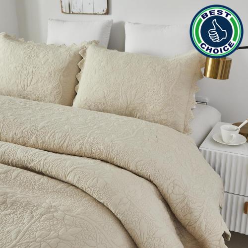 Brandream Beige Quilts Queen King Size Cotton Farmhouse Matelasse Coverlet Scalloped Edge Bedspreads Luxury Quilt Bedding Set 3-Piece 98x106
