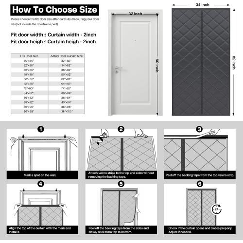 LazBlinds Thermal Insulated Door Curtain Fit Door Size 34 x 82, Magnetic Hands-Free Self Seal Door Cover, Weatherproof Oxford & Cotton Fiber Fill Blanket for Winter to Keep Warm, Grey