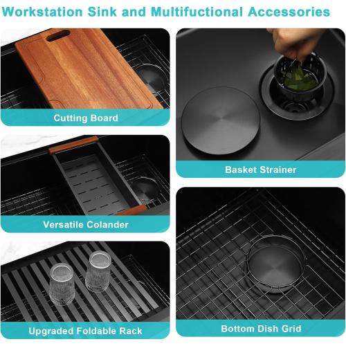 Black Undermount Kitchen Sink,16 Gauge Stainless Steel Sinks,Single Bowl Workstation Sink,Modern Kitchen Sink Offset Drain (33 X 18)