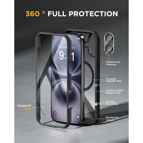 Miracase Magnetic for iPhone 16 Plus Case Full-Body Phone with Built-in Glass Screen Protector, [Compatible with MagSafe] Military Drop Proof 16 Plus Cover Bumper 6.7 inch, Black