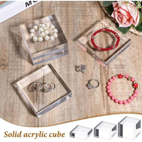 6 Packs Acrylic Square Display Block 3.15 x 3.15 inches Clear Polished Acrylic Square Display Cube, Solid Display Risers Stands Jewelry Display Pedestal Stand for Jewelry Ornaments Collection(3 Size)