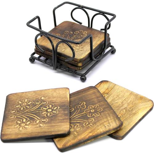 StonKraft Wooden Tea Coffee Coasters/Rustic Vintage Look Coasters Set with Wrought Iron Holder