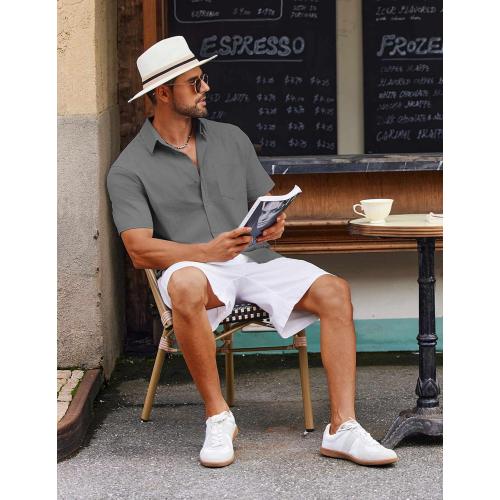 size 4X L- COOFANDY Men's Button Down Short Sleeve Shirt Casual Cotton Summer Beach Linen Wedding Shirts with Pocket