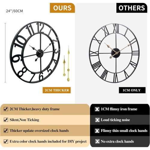 CLXEAST 24 Inch Wall Clocks for Living Room Decor, Large Black Metal Wall Clock Battery Operated, Silent/Non Ticking, Regular Arabic Numeral