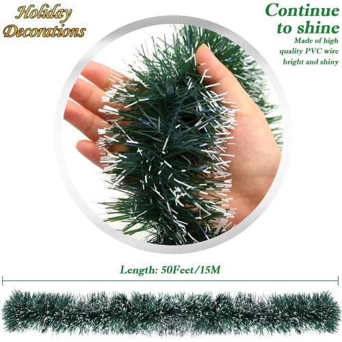 50 Ft Green Christmas Tinsel Garland Metallic Twist Shiny Garland for Xmas Christmas Tree Decorations, Holiday Home Party Supplies Indoor Outdoor Decor (Green)