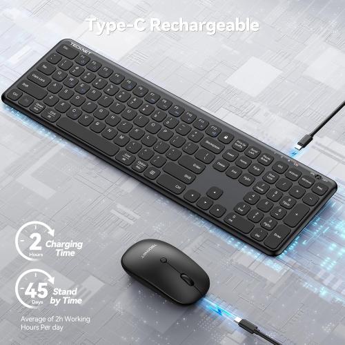 TECKNET Wireless Bluetooth Keyboard and Mouse Combo(2.4G USB   Dual BT), Rechargeable Keyboard Mouse Set, Full Size Quiet Slim Keyboards and Mice for Laptop, PC, iPad, Desktop, Black