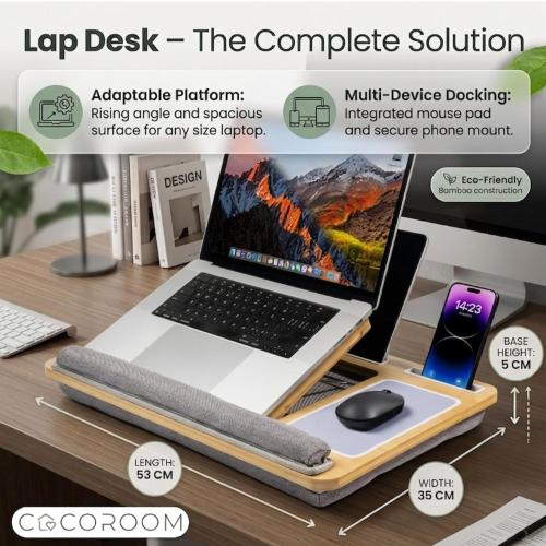 Lap Desk for Laptop – Bed Desk Tray Table with Cushion, 5 Angles, Phone & Tablet Holder, Mouse Pad & Ventilation – Laptop Stand, Lap Table, Couch Desk for 15”-17” Laptops (Gray)