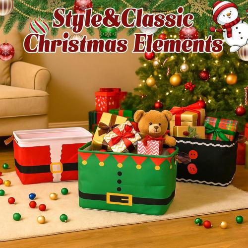 Bokon 3 Pack Christmas Storage Basket for Gifts Empty Collapsible Large Xmas Storage Bins Canvas Foldable Laundry Basket with Handle Clothes Containers for Office Home Bedroom(Santa Suit)