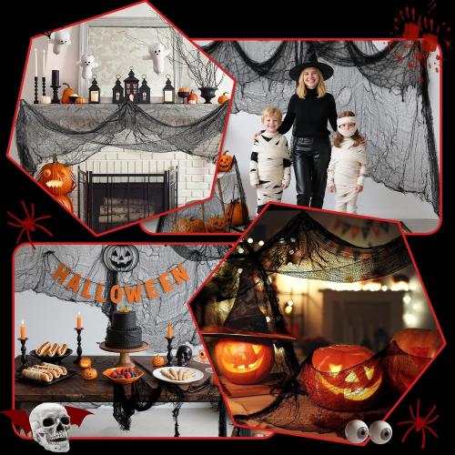 PinCute Halloween Decorations Indoor Outdoor- 5 Pack Creepy Cloth (30×72 in), 200Sqft Spider Web with 20 Spiders, Haunted House Props for Party Yard Window Porch Decor
