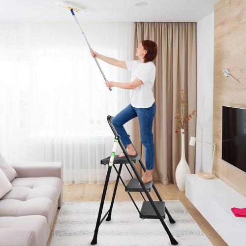 Black 3 Step Ladder, Protable Steel Folding Stool with Wide Anti-Slip Pedal, 500lbs Sturdy Steel Ladder