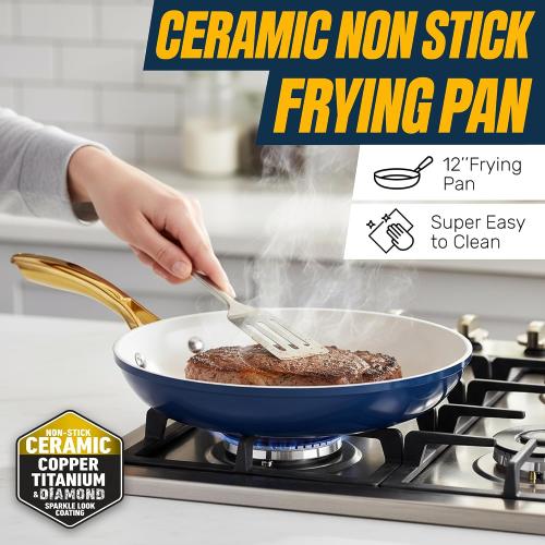 Gotham Steel 12 Pc Pots and Pans Set Non Stick Ceramic Cookware Set | Non Toxic PFOA/PFOS/PTFE Free, Stay Cool Stainless Steel Handles, Dishwasher and Oven Safe, Navy Gold