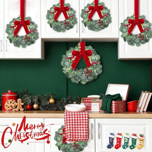 6 Pack 12 Inch Mini Christmas Wreath Small Christmas Kitchen Cabinet Wreaths with Red Bow Eucalyptus Leaves Flowering Boxwood Branches Red Berry Xmas Wreaths for Windows Door Wall Stairs Home Decor