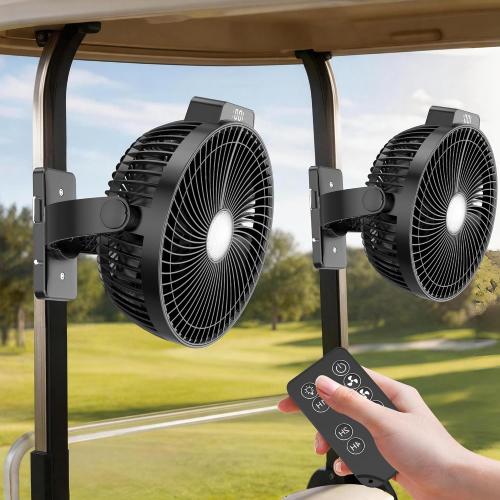 2-Pack 8-inch Magnetic Golf Cart Fan with Heavy-Duty Strap, 12000mAH Battery Operated Fan with Dual-Magnet, Bright Lighting, Compatible with EZGO Club Car Yamaha, Golf Cart Accessories, Golf Gift
