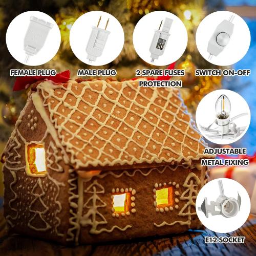 Leelosp Accessory Cord with LED Bulbs, 14.8 ft White Cord with C7 Lamp, On/Off Switch Plug, Spare Fuses, Female/Male Plugs, Village Light for Halloween Christmas Indoor Decor Craft Project (6 Light)