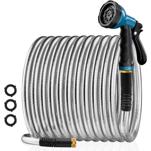 Garden Hose 25FT Stainless Steel Water Hose with 10 Functions Adjustable Spray Nozzle, Heavy-Duty Metal Garden Hose Flexible Durable No-Tangle & Kink Leak Dog Proof Hose for Yard Lawn(Blue)