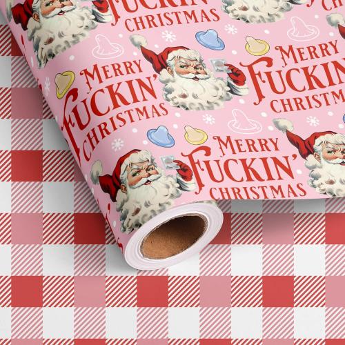 Altarho Funny Christmas Wrapping Paper Roll for Adult Women Men Husband - Pink Inappropriate Christmas Santa and Retro Buffalo Plaid Design Naughty Xmas Gift Wrap for Birthday Winter Holiday Decoration Total 28.5sq.ft