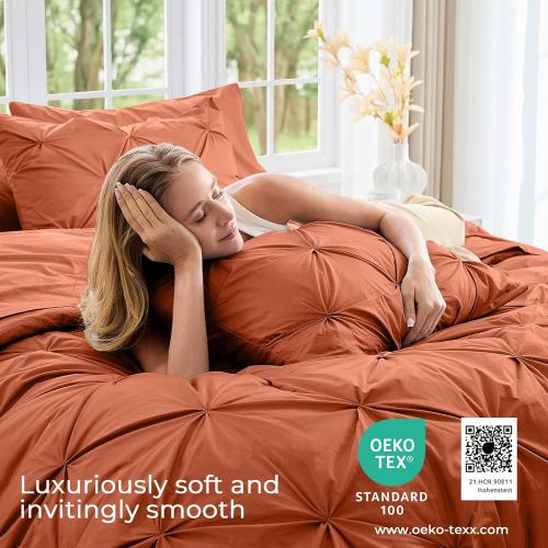 Sasttie King Size Comforter Set, 7-Piece Bed in a Bag, Pintuck Bedding Set for All Season, Includes Comforter, Flat Sheet, Fitted Sheet, Pillowcases and Pillowshams, Burnt Orange