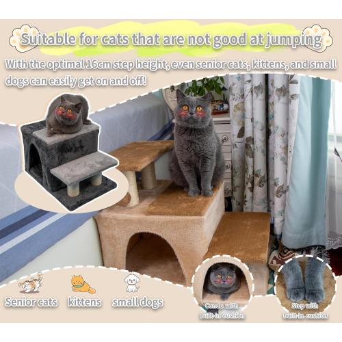 3-in-1 Pet Stairs for Cats for High Bed, Adjustable Dog Steps, Modular 3-Tier, Cushioned Steps & Big Cat Condo, Adjustable Entrance, Dangling Ball, for Kittens, Senior & Fat Cats (Grey, Large)