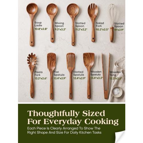 AIUHI 10Pcs Wooden Kitchen Utensils, Teak Wood Utensil Set for Kitchen, Heat-resistant Wooden Spoons for Cooking, Nonstick Wood Spatula Soup Ladle Tong Egg Whisk