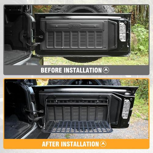 Tailgate Table Storage Rack Compatible with Jeep Wrangler 2007-2018 JK JKU & 2018-2025 JL JLU 4 Doors, Foldable Rear Cargo Shelf MOLLE Panel Camping Desk Organizer(Not fit with Low Speaker JK Models)