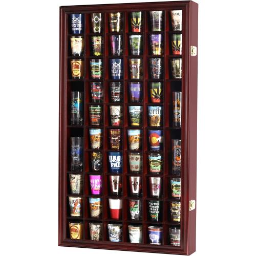 Shot Glass Display Case Cabinet Wall Rack Holder Shadow Box Lockable with UV Protection Acrylic Glass Door Shot Glass Collection Display with 56 Slots (Cherry Finish)