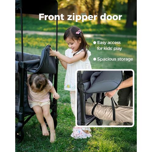 Wagon Stroller for 2 Kids with Insulated Snack Pack Foldable All-Terrain Wagon Stroller, 5-Point Harness & Canopy Parent Organizer Adjustable Handle (Grey)