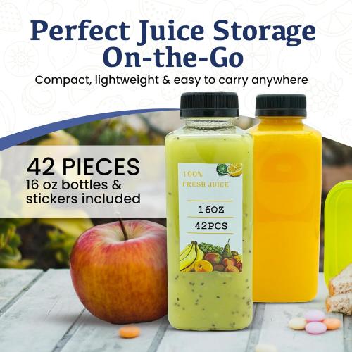 Holotap 42Pcs 16Oz Plastic Juice Bottles with Caps, Empty Plastic Bottles for Juicing,16Oz Juicing Containers with Tamper Evident Caps Ideal for Water and Other Beverages (Black, 16 OZ)