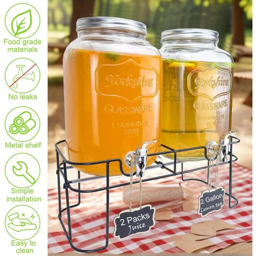 2 Gallon Larger Glass Drink Dispenser for Parties, 2 Packs Juice Lemonade Ice Tea Water Dispenser with Stand, HENABLE Beverage Dispensers with Spigot for BBQ, Picnic, Party