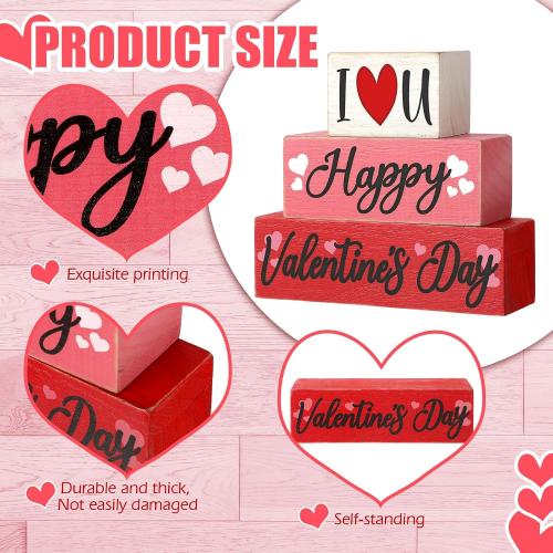 Huquary 3 Pcs Farmhouse Valentine's Day Tiered Tray Decor Table Sign Pink Theme Wood Decorations Valentine's Day Centerpiece Decor for Party Gift Desk (Fresh Style)