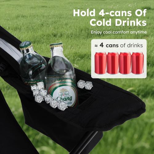 ALPHA CAMP Camping Chairs 350LBS Capacity, Heavy Duty Folding Chair with 4-Can Cooler Bag, Portable Outdoor Chair with Cup Holder for Adults, Collapsible for Tailgating, Beach, Fishing,Black,2PC