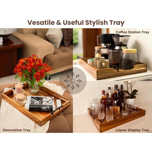 Acacia Wooden Ottoman Tray for Living Room & 6 Coasters Set – 21 Large Coffee Table Serving Tray with Handles, Perfect for Food, Drinks, Kitchen, and Home Decor