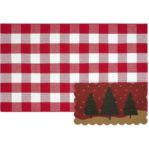 OJIA 2PCS Christmas Rug Door Mat Combo Set, Imitation Coir Doormat   3'x5' Red and White Plaid Rug Xmas Washable Outdoor Area Rugs Layered Door Mats Floor Carpet for Porch Patio Decor Outside Entry