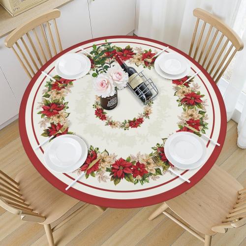 Christmas Round Fitted Tablecloth with Elastic for 40-44 Inch Tables Winter Floral Leaves Print Fitted Table Cover Waterproof Holiday Theme Farmhouse Indoor Outdoor Patio Picnic Party Decor