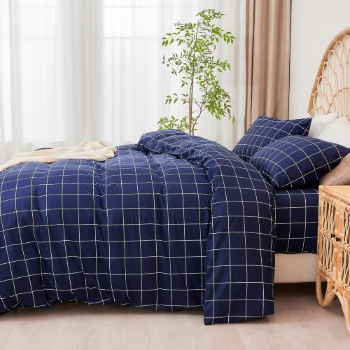 JELLYMONI 100% Natural Cotton 3pcs Plaid Duvet Cover Sets, Checkered Queen Comforter Cover, 1 Duvet Cover and 2 Pillow Cases with Zipper Closure & Corner Ties, Dark Blue