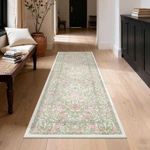 GarveeHome Pink Green Beige Floral 2x6 Kitchen Runner Rug for Hallways