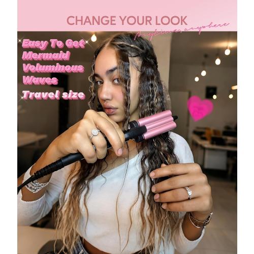 Farery Mini 3 Barrel Hair Waver - Portable Beach Wave Curling Iron for Short Hair, 1/2 Inch Ceramic Crimper with 3 Temp Settings & 30s Fast Heating, Dual Voltage Travel Hair Waver for Women, Pink