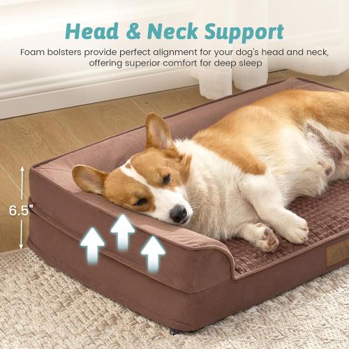 COZY KISS Orthopedic Large Dog Beds, Bolster Pet Couch with Waterproof Lining, Egg Crate Foam Sofa for Pets Up to 65 lbs, U-Shaped, 36x27x6.5 inch, Brown