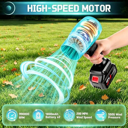 COLOR GREEN ❗❗Handheld Leaf Blower Cordless 990,000 RPM with 2 x 4.0Ah Battery | Lawn Care, Yard Cleaning, Car Blowing, Stepless Speed, Copper-core DC Motor, with Storage Case, with Gloves, Electric Blower
