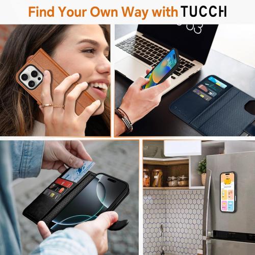 TUCCH Wallet Case for iPhone 16 Pro, [Removable] 2 in 1 [Wireless Charging] RFID Blocking [4 Card Holders] PU Leather Cover, Magnetic Detachable Folding Stand Folio Case for iPhone 16 Pro, Light Brown
