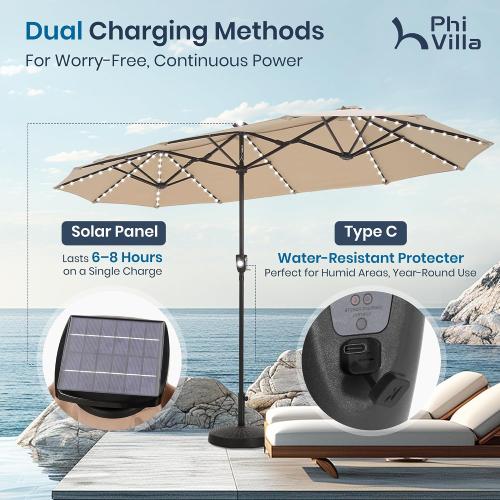 PHI VILLA 13ft Patio Umbrella with Solar-Powered 120 PCS LED Color-Changing Lights, Triple-Head Large Rectangle Umbrella Outdoor Patio for Table with Crank Lift,Beige(No Base)