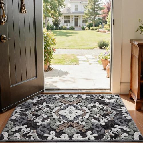 LUMI Indoor Door Mat for Entrance 26x46, Luxury Front Doormat with Non-Slip Latex Rubber Backing, Soft Washable Dirt Trapper, Flower Bliss (Rolled Package)