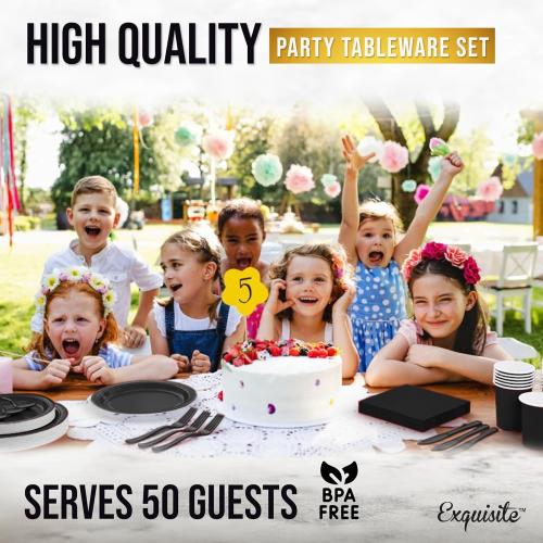 Exquisite 350 Pcs Black Paper Plates For Party, Black Disposable Plates Set, 50 Of Each 9 Dinner Plate Set, 7 Dessert Plate, Cups, Napkins & Cutlery Paper Dinnerware