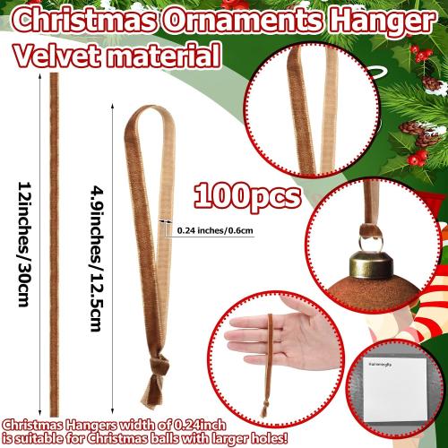 Hunnmingre Brown Christmas Ornament Hangers 12 Velvet Christmas Tree Ribbon Hanging Strings Ornament Strap Loops Velvet Ribbon Hangers for Garland Decoration